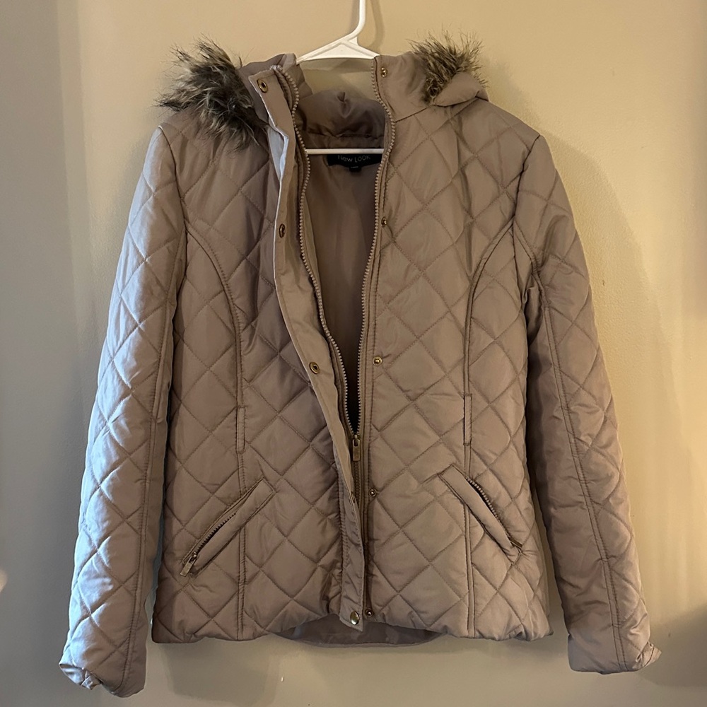 Women’s New Look Taupe Quilted Puffer Jacket with Faux Fur Hood - XL
